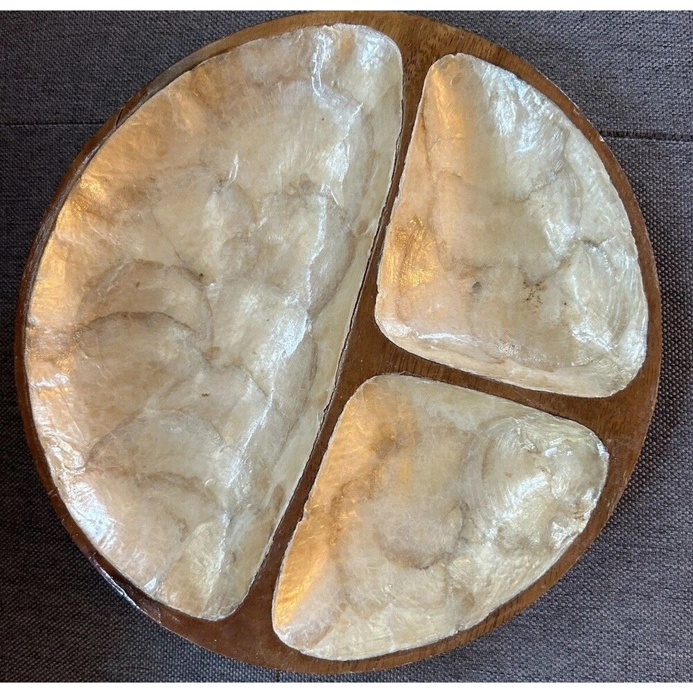 Modern Danish Wood Dish Mother of Pearl 3 Section 9” Plate Vintage Trinket Dish